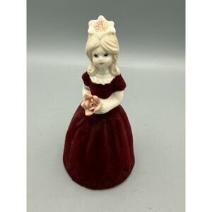 Vintage Red Flocked Lady Bell Figurine Blonde Girl w Pink Rose 4”